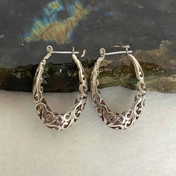 VTG Jezlaine Sterling Silver 925 Pierced Hinged Scrollwork Oval Hoop Earrings - Picture 2 of 16
